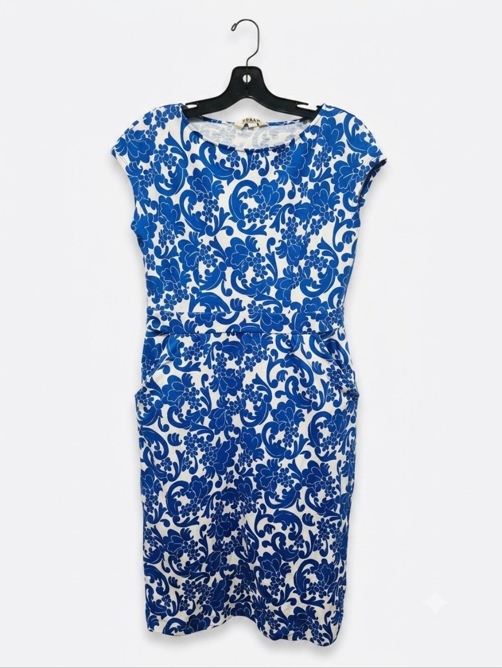 Boden Florrie Jersey Dress Blue White Damask Floral Pockets US 10 UK 14